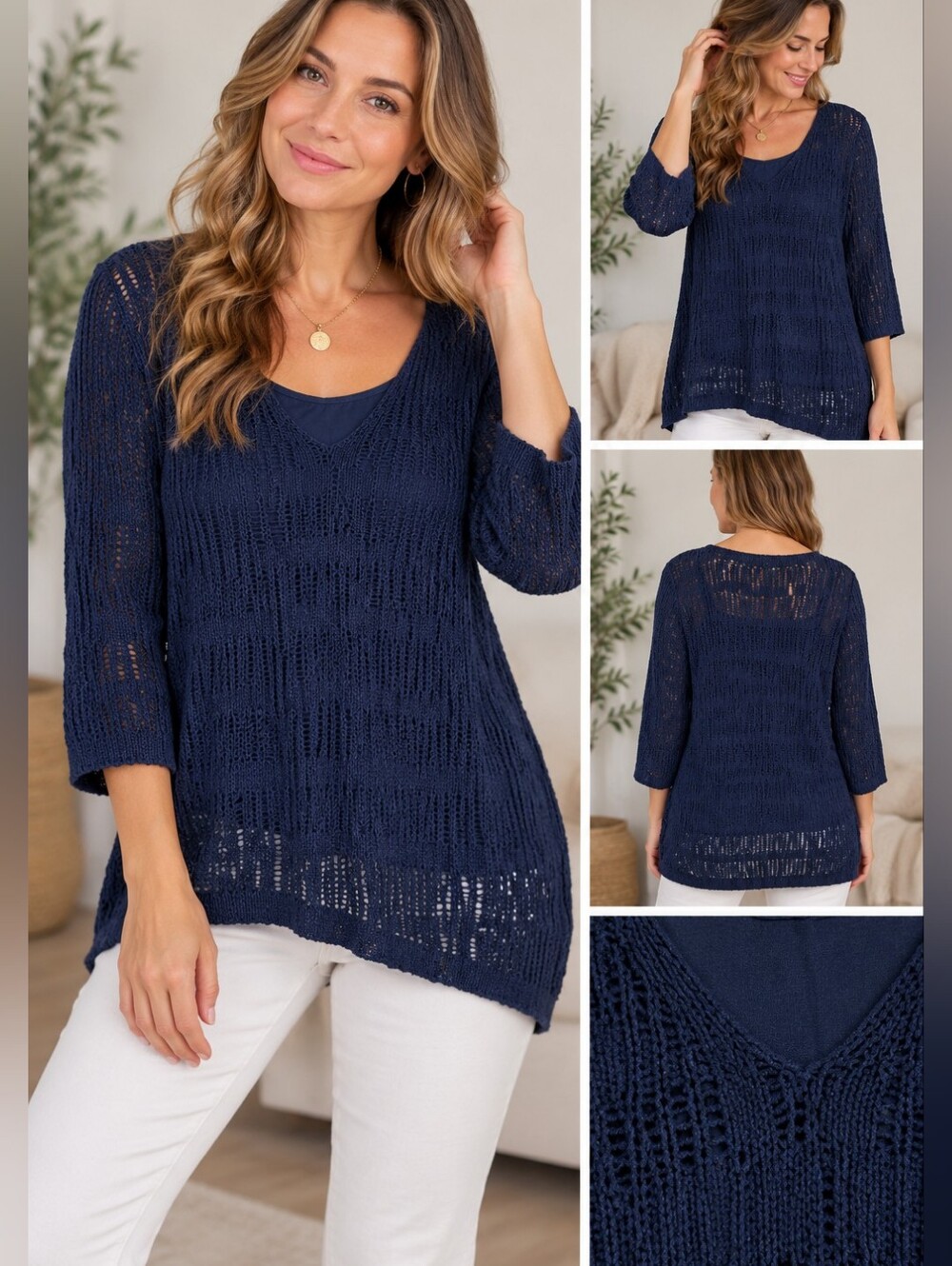 New roz & ali women's 1X blue lace long sleeve blouse #26